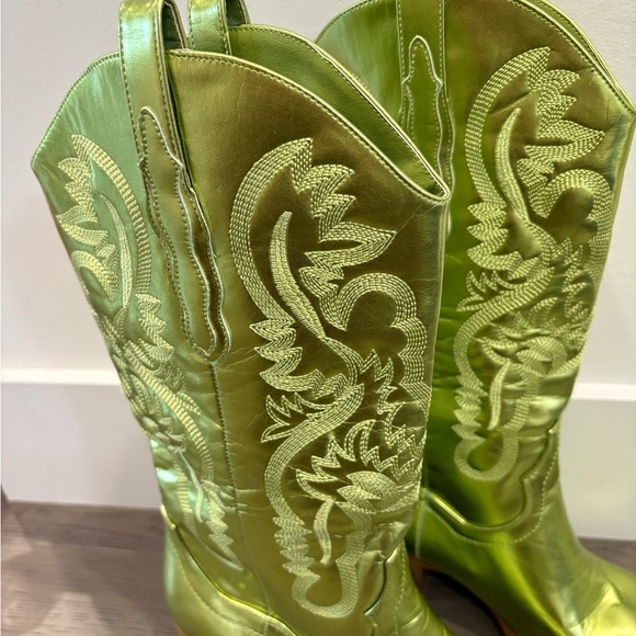 Green Metallic Cowgirl Western Cowboy Chunky Heeled Boots Size 8 - Picture 6 of 12
